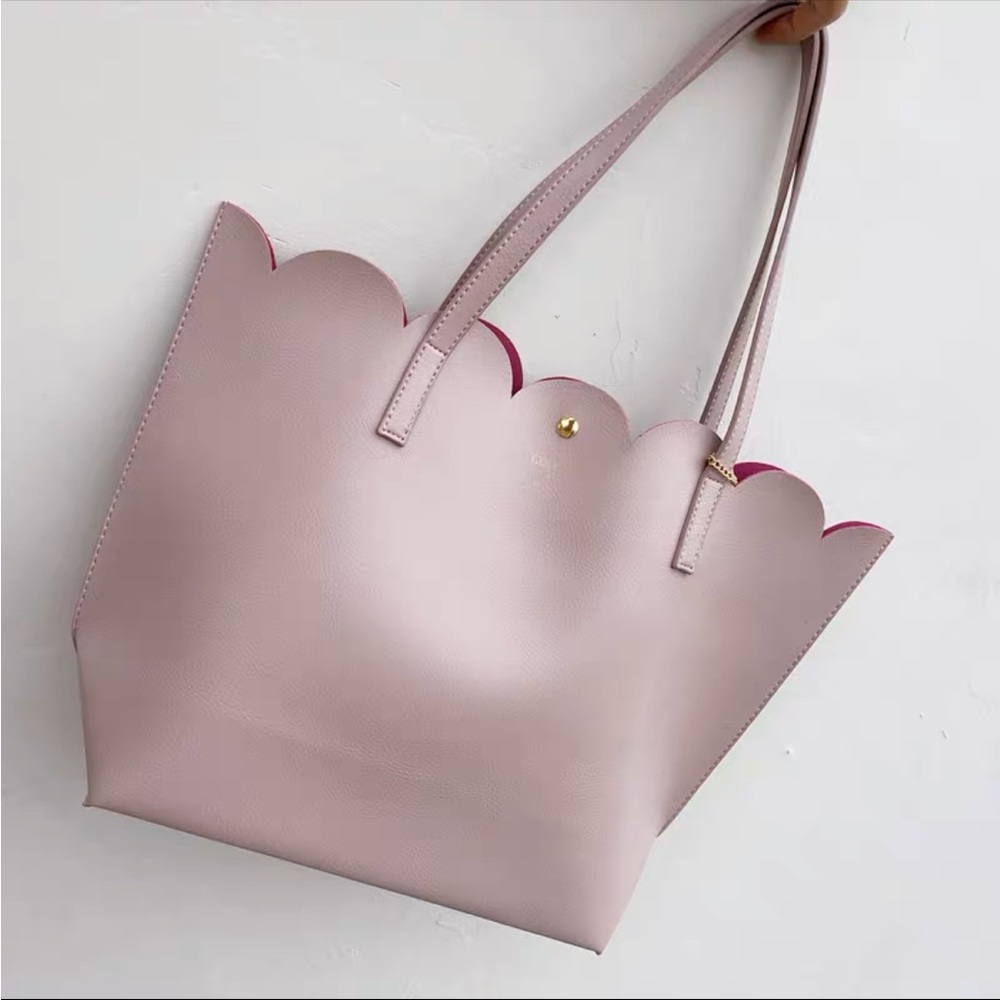 Japanese Kawaii Pastel Mauve Lilac Scalloped Fuchsia Lined Tote Office Handbag